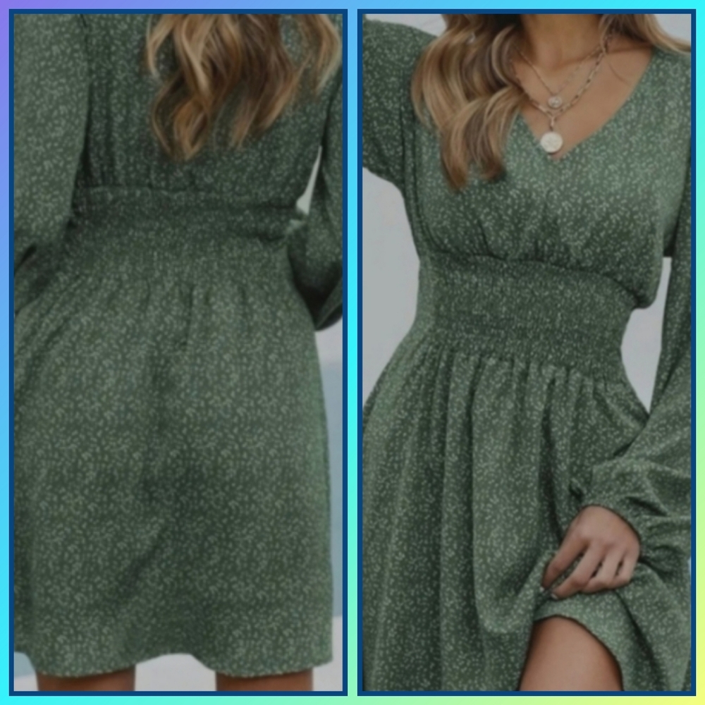 Adorable Green/White Balloon Sleeve Smocked waist Mini dress Size S - Picture 2 of 8